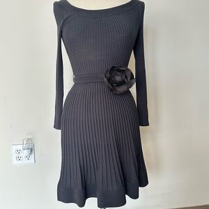 Rebecca Taylor Black Ribbed Dress with Floral Belt. Knee Dress